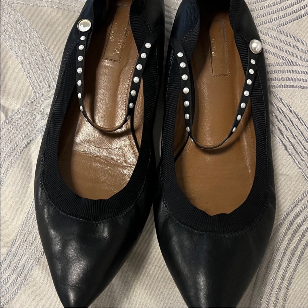Aquazzura Black Pointed Ballet Flats with Pearl-Stud Strap